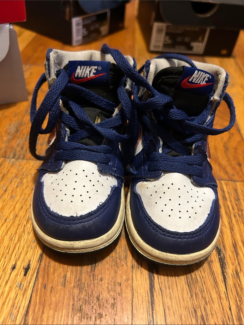 Nike Kids High-Top Sneakers in Navy, White and Red Swoosh